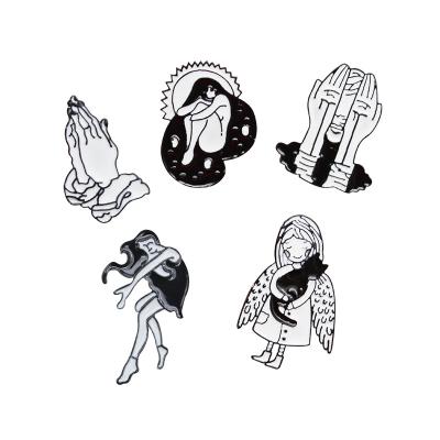 China Europe Punk Girls Black Cat With Angel Wings Badge Pin Wishing Girl Prayer Gesture Creative Brooch Pins for sale