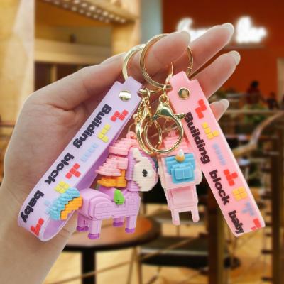 China Ornament Plastic Unicorn Car Keychains Keychain Building Block Series Toy Cool Cartoon Unicorn Pendant Gifts for sale