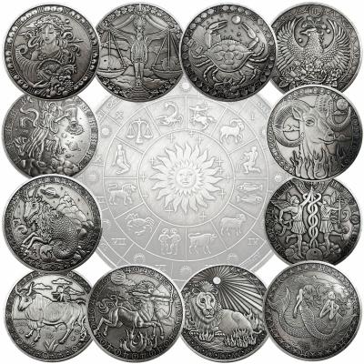 China Europe Hot Sale Challenge Coin American Antique Medal 12 Constellation Set Embossed Antique Silver Plated Collectible Coins for sale