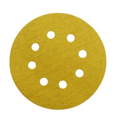 China Automotive Polishing Hot Sales 100pcs 5 Hole 80 Inch 8 Grit Gold Round Abrasive Wood Sanding Paper Disc for Wood and Metal Processing for sale