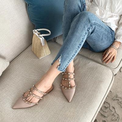 China Sweat-absorbent flat shoes rivet high-heeled shoes thin heel female headed Lady shallow T Belt Baotou Willow Ding One Word Button mouth summer for sale