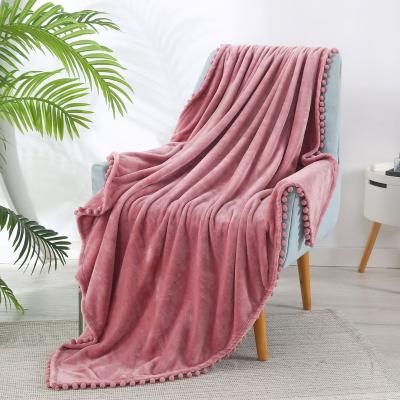 China New Hot Pink Color Design Flannel Fleece Blanket Good Quality Soft Blanket With Ball Tassels for sale