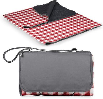 China Large Gray Plaid Polyester Waterproof Picnic Blanket Convenient Outdoor Red Beach Waterproof Foldable Strap for sale