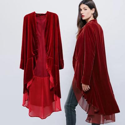 China QUICK DRY Womens Ruffled Asymmetric Long Velvet Blazers Coat Casual Jackets for sale