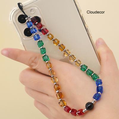 China New Handmade Simple Bohemian Beads Handmade Beaded Mobile Phone Rope Personalized Anti Loss Green Black Square Crystal Mobile Phone Chain for sale