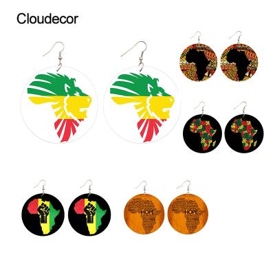 China Charming Stylish Wooden Earrings African Map Earrings Printed Wooden Geometric Handmade Wooden Bohemian Woman Round Earrings for sale