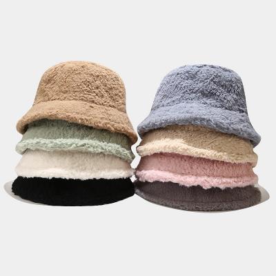 China 2021 Fashion Sale Faux Fur Bucket Hat Winter Plush Winter Fleece Warm Thick Bucket Hat Warm Fisherman Cap Windproof Hats For Women for sale