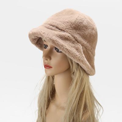 China Fashion Girls Deep Hide Hat Women Wide Brim Plain Plush Bucket Hats Faux Fur Color Winter Soft Furry Pure Hats Warm Bucket Hats for sale