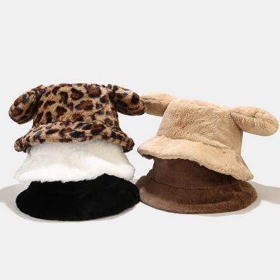 China Fashion Hot Sale Furry Rabbit Ears Bucket Hat Winter Lovely Thicken Leopard Pattern Fisherman Faux Fur Panama Cap Hats For Girls Gift for sale