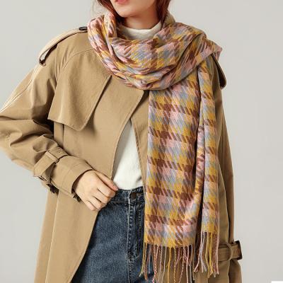 China European American Chinese Women Nepal Tartan Wool Shawl Large 100% Cashmere Stripe Lattice Tassel Scarf for sale