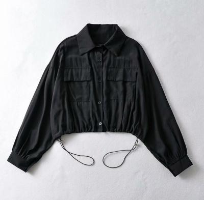 China 2021 New Arrival Womd Proof Waist Shirt Women Blouse Autumn Top Women Long Sleeve Wholesale Drawstring for sale