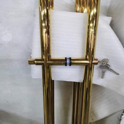 China Modern Manufacturer Direct Glass Door Polished Gold Pull Handle With Lock for sale