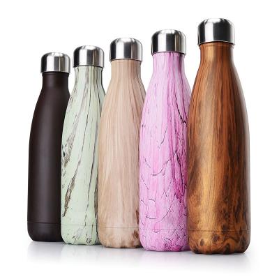 China Custom Business 500ml Cola Shaped Double Wall Wood Grain Stainless Steel Thermal Vacuum Flask for sale