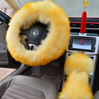 China Increased Safety 3PCS Anti-Slip Sets Real Fur Car Accessories Rose Hand Gear Comfortable Fluffy Warm Furry Steering Wheel Cover Universal Brake for sale