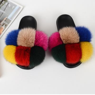 China New Fashion Trend Lady's Fur Slippers Mixed Color 6 Color Ball Fur Sandals Fox Fur Pom Pom Flat Slides For Women for sale