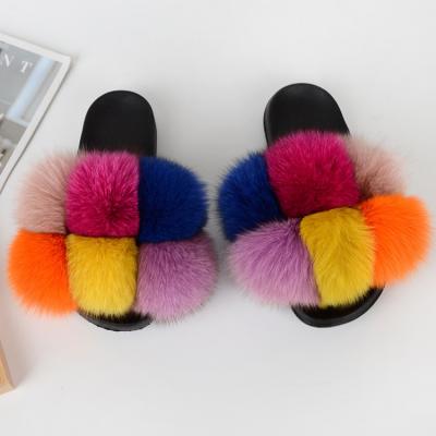 China New Fashion Trend Color 6 Mixed Balls Flat Fox Fur Pom Slides For Women Slipper Sandals for sale