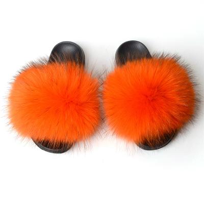 China Fashion Trend Factory Wholesale PVC Slips Ladies Real Raccoon Fur Slippers Women Soft Fox Fur Slides for sale