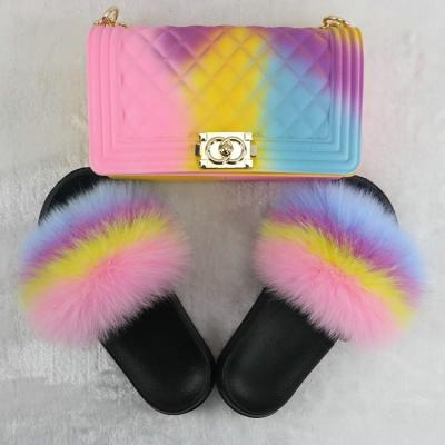 China Hot Selling Fashion Trend Amazon Raccoon or Fox Fur Slides and Matching Purse for Kids Women for sale