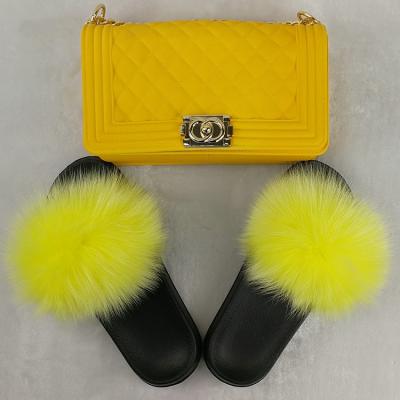 China New Fashion Trend Design PVC Block Rainbow Colors Unique Fox Multi Color Natural Raccoon Fur Slippers Slips With Purse For Girls for sale