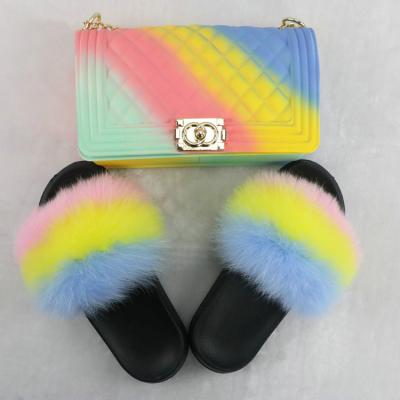 China Wholesale Jelly Pink Fashion Trend 2021 Bling Bling Fur Fox Fur Slippers Slippers For Women With Purse Matching Sets for sale