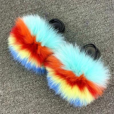 China wholsale baby fur flat slipper with 2 strap real raccoon fur sandals slides for kids for sale