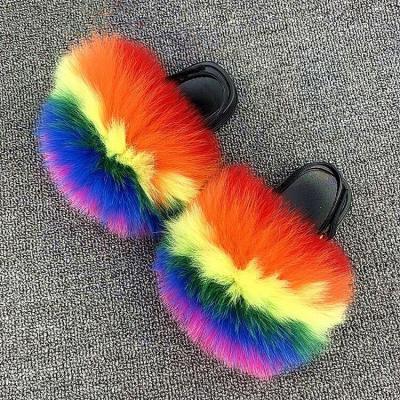 China Hot Flat Fur Fox Slippers Sandals Custom Color Soft Fluffy USA Real Fur Slides For Kids for sale