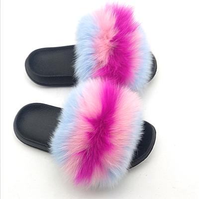 China Fashion Trend Wholesale 1 Pair Real Raccoon Fox Furry Logo Furry Slides Custom Made Fluffy Fur Slipper For Women for sale