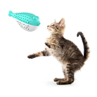 China Viable Catnip Toy Puffer Fish Shape Squeaky Cat Chew Toys Interactive Cleaning Toothbrush Cats Play for sale