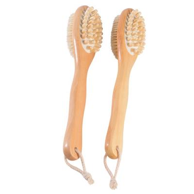 China EXFOLIATE 35cm Double Sided Natural Boar Hair and Shower Scrubber Bath Wooden Body Brush with Massager Knots for sale