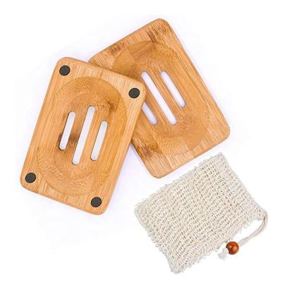 China OEM Eco-friendly Natural Bamboo and Wooden Bamboo Soap Box and Sisal Soap Bag Bathroom Shower Soap Case and Dish for Bathroom for sale