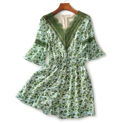 China Top selling anti-pilling guaranteed quality green flower silk fashionable ladies jumpsuit for sale