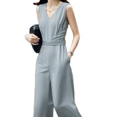 China Fashion Good Quality Anti-pilling Deep V-neck Women's Casual Sleeveless Wide Leg Women Overalls for sale