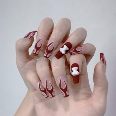 China Easy Apply Red Wine Flame Fake Nails 24 Pieces Nails Art Artificial Cute Bear Nails for sale