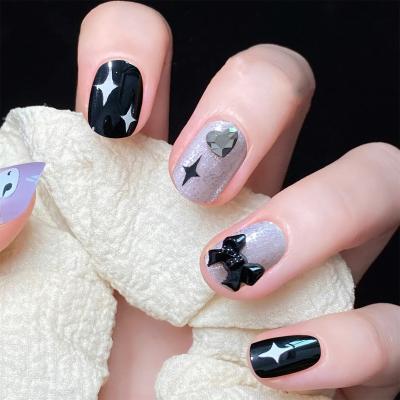 China Easy Apply Black And White Stars Nail Art Short Fake Nails With Glue 24 Removable Pieces Nails for sale