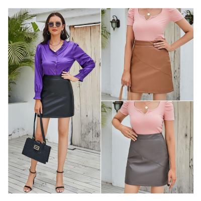 China AIXI Solid Color Mini Pencil Short Skirts For Anti-Static Women Fashion PU Leather Skirt for sale