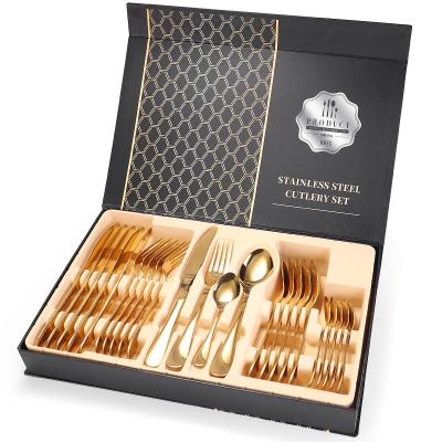 China Sustainable Luxury Reusable Flatware For Party Restaurant Wedding Knife Fork Spoon Set Gold Plated 24Pcs Cutlery Set Stainless Steel for sale