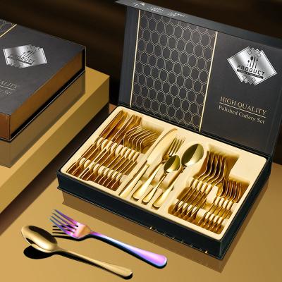 China Viable Black Stainless Steel Gold Manufacturer Wholesale 24pcs Kitchen Silverware Set Fork and Spoon Brass Cutlery for sale