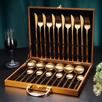 China Viable Manufacturer Wholesale Stainless Steel 24pcs Matte Black Wedding Reusable Spoon and Fork Silverware Gold Flatware Set for sale