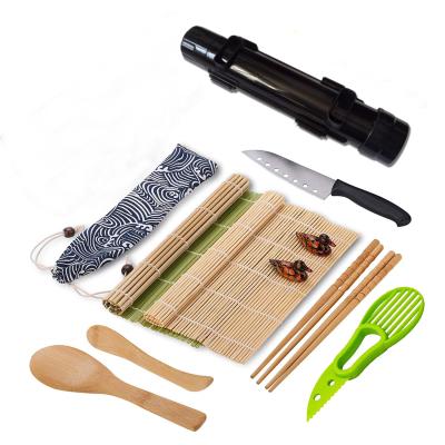 China Beginner Easy Operation Stocked Home Kitchen Set 12 Pcs Bamboo Seaweed Rice Roll Bazooka Tool Sushi Making Kit for sale