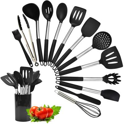 China Stocked Wholesale Heat Resistant Cooking Baking Tools Accessories Stainless Steel 14Pcs Reusable Silicone Kitchen Utensil Set for sale