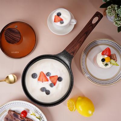 China Cookware Viable Non-Stick Induction Aluminum Bottom Set Single-Handle Milk Warmer Pan Wooden Milk Pan With Glass Lid for sale