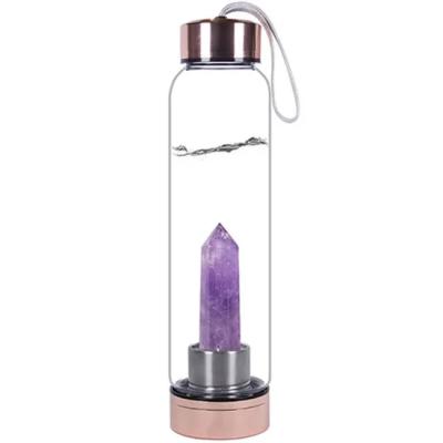 China High Quality Viable Bamboo Crystal Stone Gemstone Infused Water Bottle Crystal Elixir Bottles Borosilicate Glass Water Bottle for sale