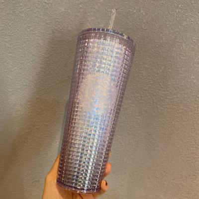 China 2021 New Viable Colorful Double Wall Plastic Grid Tumbler With Lid Straw Mugs Plastic Studded Grid Coffee Tumbler Christmas Gift for sale