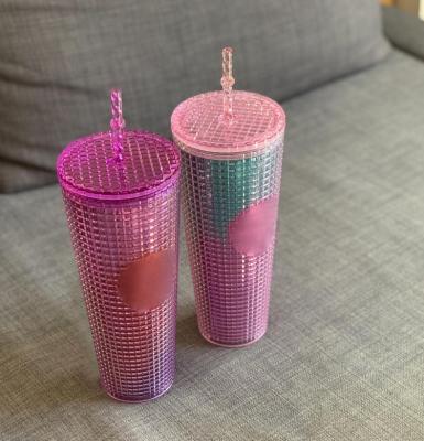 China 2021 Plastic Grid Tumbler Sustainable Promotional Amazon Double Gift Colorful Wall With Lid And Straw Plastic Studded Tumbler Christmas for sale