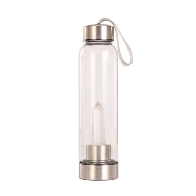 China Stored Elixir Water Bottle for Gemstone Healing, Rose Quartz Chip Tumbled Stone Glass Water Bottle, Crystal Water Bottle for sale