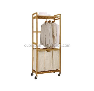 China 2015 New Style Laundry Basket Wheeled Hot Sale Bamboo Trolley Basket With Clothes Rack for sale