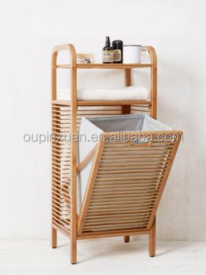 China Original Design Laundry Trolley Bathroom Storage Bamboo Shelf Rack Wheeled Eco-friendly Folding Basket for sale