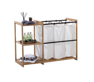 China Hot Sale 3-Bag WHEELED Laundry Cart Bamboo Laundry Basket with Bathroom Shelf Bathroom Storage Rack for sale