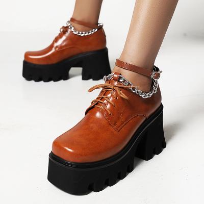 China Fashion Trend HG40 Ladies Trendy Platform PU Leather Women's Shoes Squate Toe Shoes With Chain Casual for sale