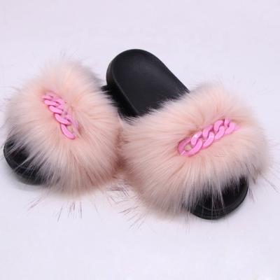 China Fashion Chain Slippers Eva Sole Flat Fashion Custom Logo Furry Faux Fox Fur Slippers Trend JKP05-1 for sale